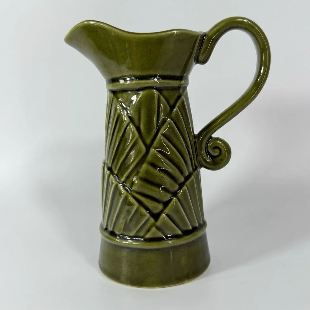 Mid Century Modern MCM Pitcher Vintage Avocado Green Geometric Ceramic 1970s‎